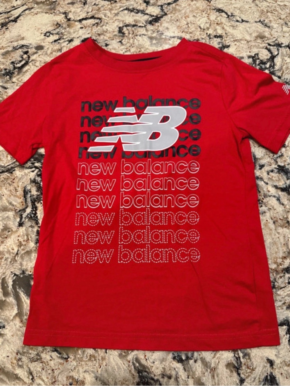Boys Size 8 New Balance Red Tee with Silver Logo Print